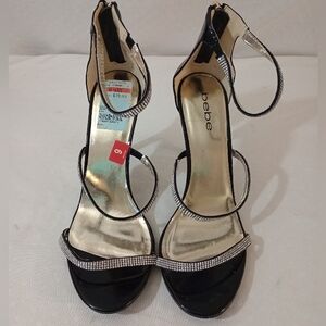 Bebe Black and Silver Janae Dress Shoe  Open Toe Rhinestone